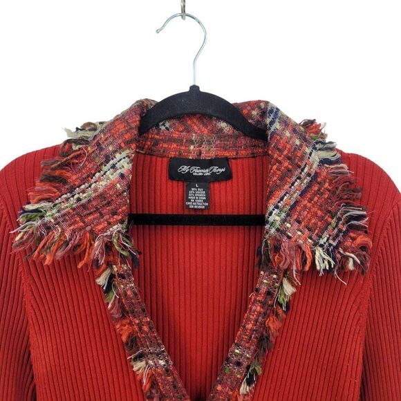 My Favorite Things Red Ribbed Silk Cardigan Jacket L Plaid Tweed Collar Cuffs - Picture 5 of 15